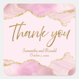Pegatina Cuadrada Agate Purpurina Rosa y Oro Gracias Boda