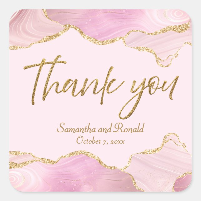 Pegatina Cuadrada Agate Purpurina Rosa y Oro Gracias Boda (Anverso)