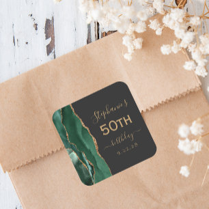 Pegatina Cuadrada Agate Script Emerald Green Gold Dark 50 cumpleaños