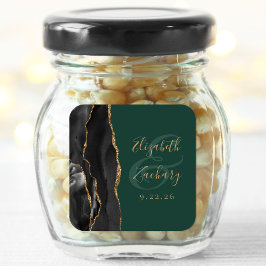 Pegatina Cuadrada Agate Script Negro Oro Esmeralda Verde Boda