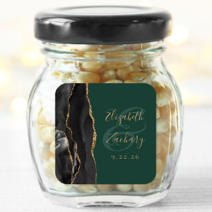 Pegatina Cuadrada Agate Script Negro Oro Esmeralda Verde Boda