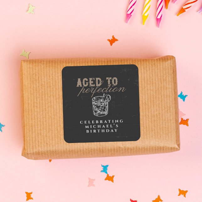 Pegatina Cuadrada Aged to Perfection Whiskey Birthday Party (Subido por el creador)