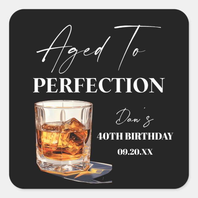 Pegatina Cuadrada Aged To Perfection Whisky Glass Birthday Party (Anverso)