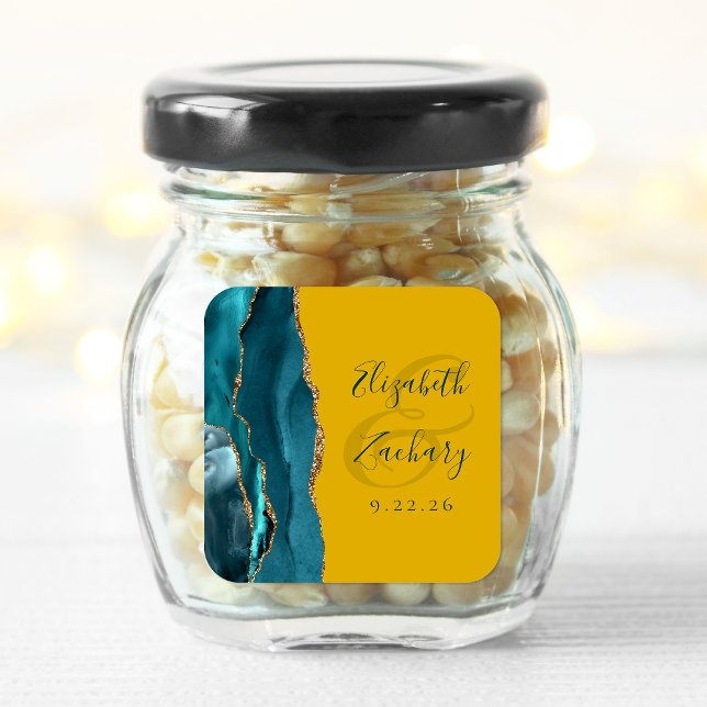 Pegatina Cuadrada Agitar Script Verde azulado Mostaza de oro Boda am (Subido por el creador)