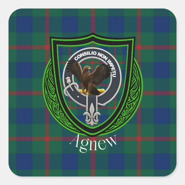 Pegatina Cuadrada Agnew Scottish Clan Tartán y Escudo (Anverso)