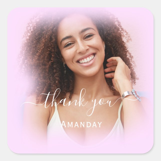 Pegatina Cuadrada Agradece Nombre Foto Rosa Graduada  Boda Sweet16 (Anverso)