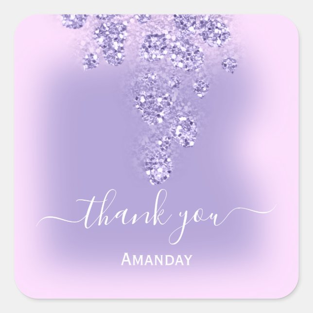 Pegatina Cuadrada Agradecer Brillo Nupcial Dulce 16 Rosa Púrpura Hum (Anverso)