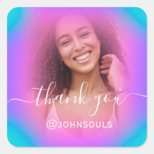 Pegatina Cuadrada Agradecer foto holograma neón rosa Sweet16th nupci
