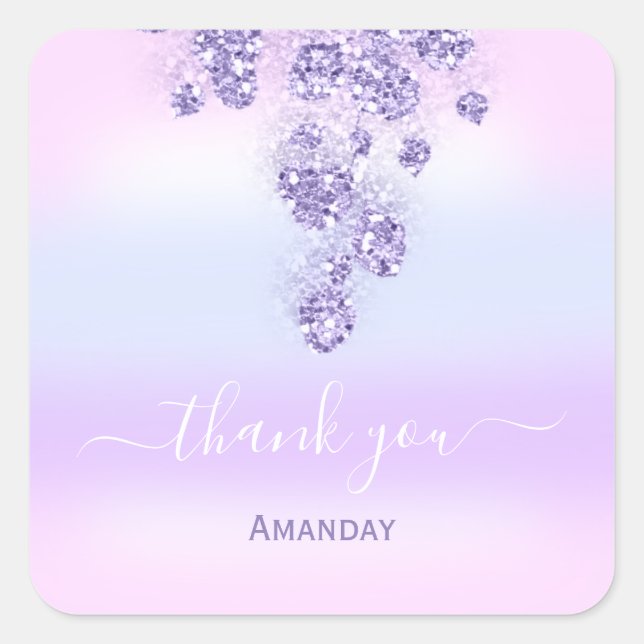 Pegatina Cuadrada Agradecer Glitter Novia Dulce 16º Rosa Ombre.  Azu (Anverso)