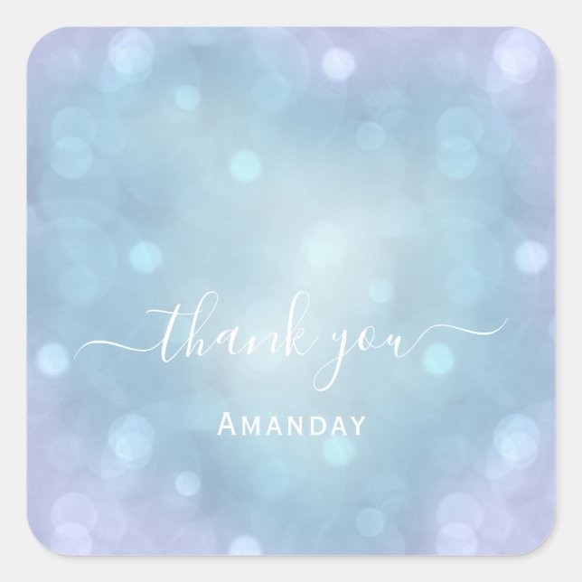 Pegatina Cuadrada Agradecer Nombre Azul Aqua Boda Pastel Dulce16 (Anverso)