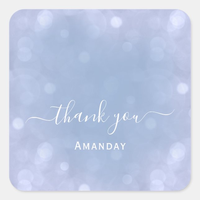 Pegatina Cuadrada Agradecer Nombre Azul Boda Pastel Dulces16 (Anverso)
