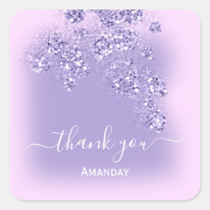 Pegatina Cuadrada Agradecer Nombre Brillo Boda Dulce 16 Violeta Rosa