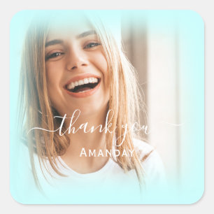 Pegatina Cuadrada Agradecer Nombre Foto AZUL PASTEL Dulce16 Nupcial