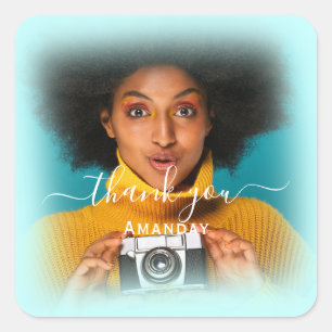 Pegatina Cuadrada Agradecer Nombre Foto MARCO AZUL Bridal Sweet16