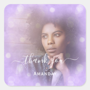Pegatina Cuadrada Agradecer Nombre Foto Púrpura Quinceañera Boda