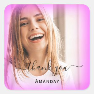 Pegatina Cuadrada Agradecer Nombre Marco Rosa. Foto Cumpleaños Dulce
