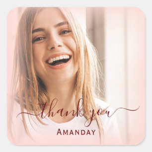 Pegatina Cuadrada Agradecer Nombre Melocotón Marco  Foto  Boda Cumpl