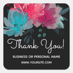 Pegatina Cuadrada Agradecer Personalizado Negocio Acuarela Floral