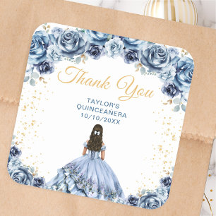 Pegatina Cuadrada Agradecimiento a la Princesa Quinceañera Azul Polv