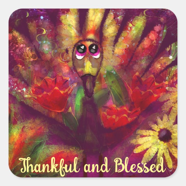 Pegatina Cuadrada Agradecimiento Acción de Gracias Turquía Floral Re (Anverso)