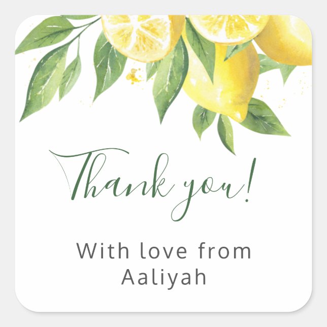 Pegatina Cuadrada Agradecimiento de Acuarela de Limón (Anverso)