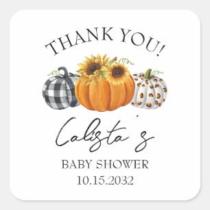 Pegatina Cuadrada Agradecimiento de Baby Shower de Calabaza de Otoño