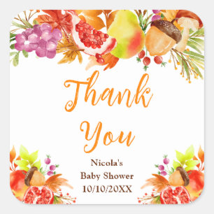 Pegatina Cuadrada Agradecimiento de Baby Shower de Cosecha de Otoño