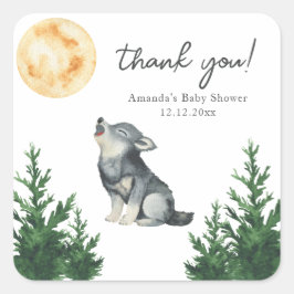 Pegatina Cuadrada Agradecimiento de baby shower de lobo acuarela
