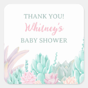 Pegatina Cuadrada Agradecimiento de Baby Shower de Suculenta Rosa