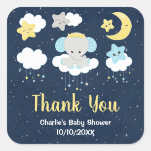 Pegatina Cuadrada Agradecimiento de Baby Shower Elefante Amarillo y 