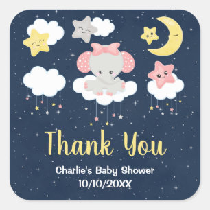 Pegatina Cuadrada Agradecimiento de Baby Shower Elefante Rosa y Azul