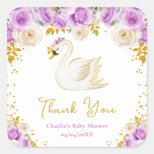 Pegatina Cuadrada Agradecimiento de Baby Shower Swan Purple Gold Ros