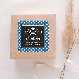 Pegatina Cuadrada Agradecimiento de Boda BBQ de Gingham Azul Rústico