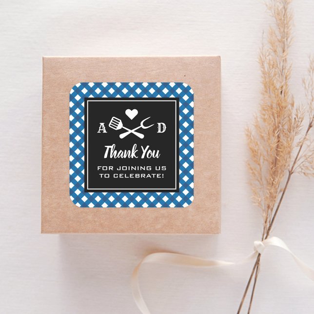 Pegatina Cuadrada Agradecimiento de Boda BBQ de Gingham Azul Rústico (Subido por el creador)