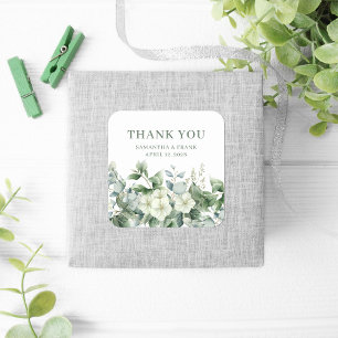 Pegatina Cuadrada Agradecimiento de boda con borde floral de eucalip