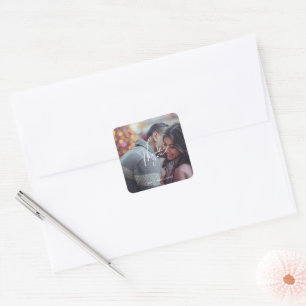 Pegatina Cuadrada Agradecimiento de Boda con Foto Moderna