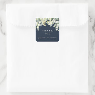 Pegatina Cuadrada Agradecimiento de boda Dark Navy Snowberry+Eucalyp