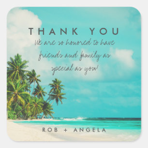 Pegatina Cuadrada Agradecimiento de Boda en Playa Tropical