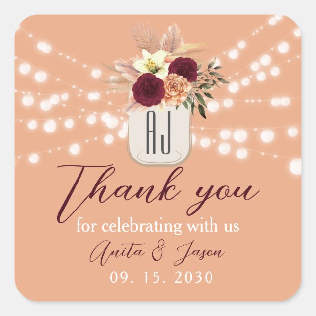 Pegatina Cuadrada Agradecimiento de Boda Floral Boho (Anverso)
