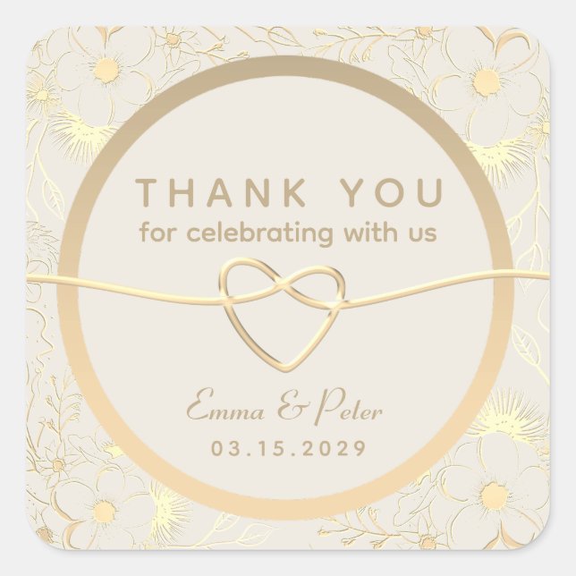 Pegatina Cuadrada Agradecimiento de Boda Floral Dorado (Anverso)