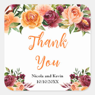 Pegatina Cuadrada Agradecimiento de boda floral naranja borgoña otoñ