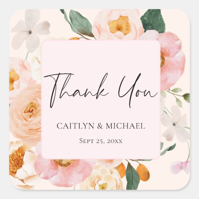 Pegatina Cuadrada Agradecimiento de Boda Floral Rosa Elegante (Anverso)