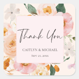 Pegatina Cuadrada Agradecimiento de Boda Floral Rosa Elegante