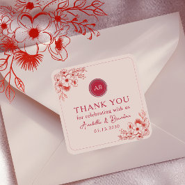 Pegatina Cuadrada Agradecimiento de Boda Floral Rosa Rojo