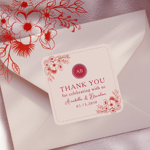 Pegatina Cuadrada Agradecimiento de Boda Floral Rosa Rojo