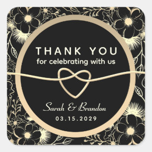 Pegatina Cuadrada Agradecimiento de boda vintage negro blanco dorado