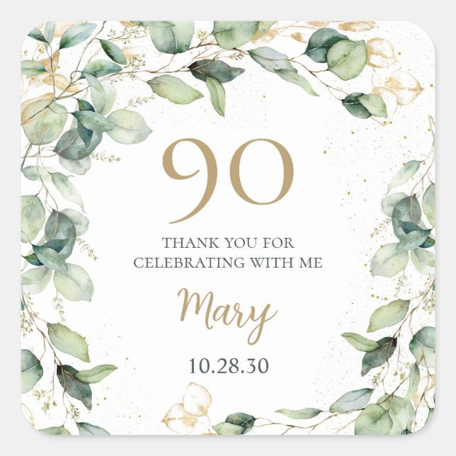 Pegatina Cuadrada Agradecimiento de cumpleaños 90 Eucalipto (Anverso)