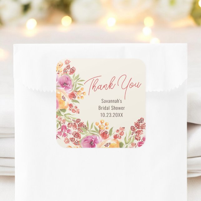 Pegatina Cuadrada Agradecimiento de Despedida de Soltera con Flores  (Boho Painted Floral Bridal Shower Thank You Square Sticker)