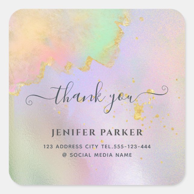 Pegatina Cuadrada Agradecimiento de escritura en acuarela dorada hol (Anverso)