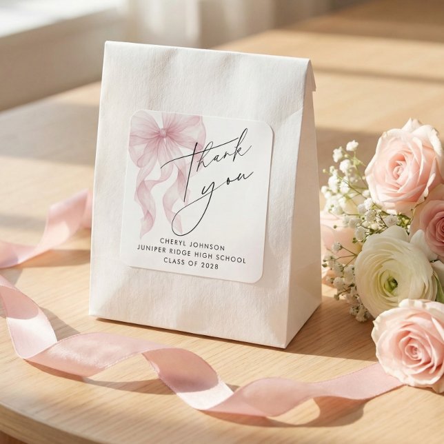 Pegatina Cuadrada Agradecimiento de Graduación con Lazo Rosa (Subido por el creador)